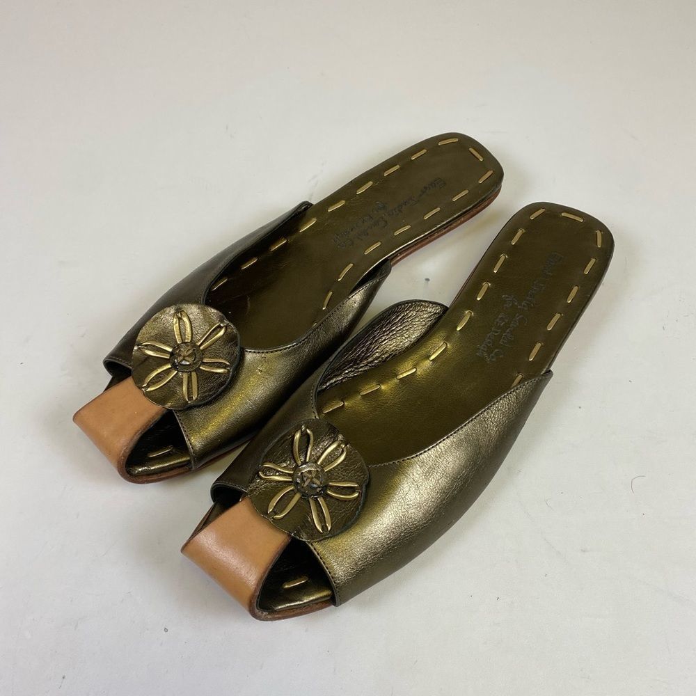Gold and Tan Sandals with Flat Sole and Peep-Toe Design - Picture 2 of 9
